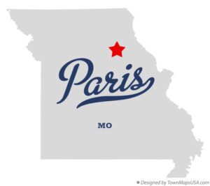 Map of Missouri highlighting Paris location.